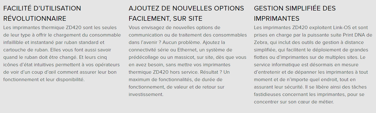 tableau des caractéristiques