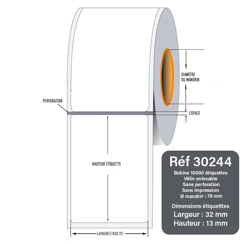 Bobine 10000 étiquettes 32x13 mm vélin enlevable