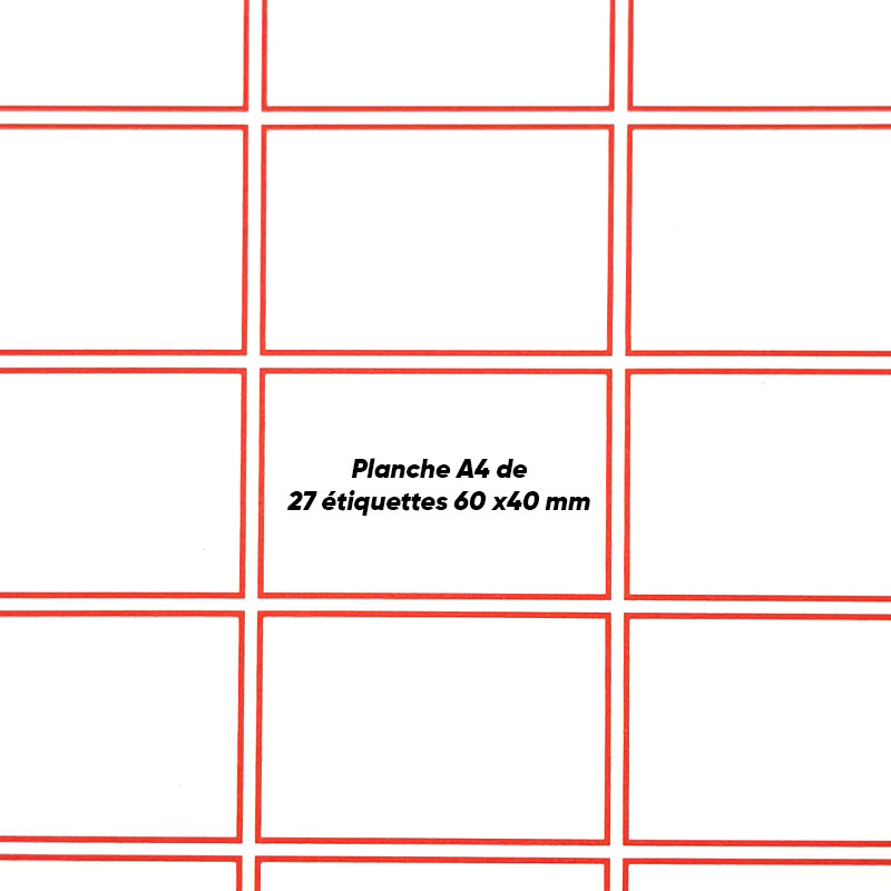 Planche A4 de 21 étiquettes avec cadre rouge 60x40 mm