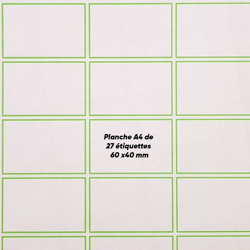 Planche A4 de 21 étiquettes avec cadre vert 60x40 mm