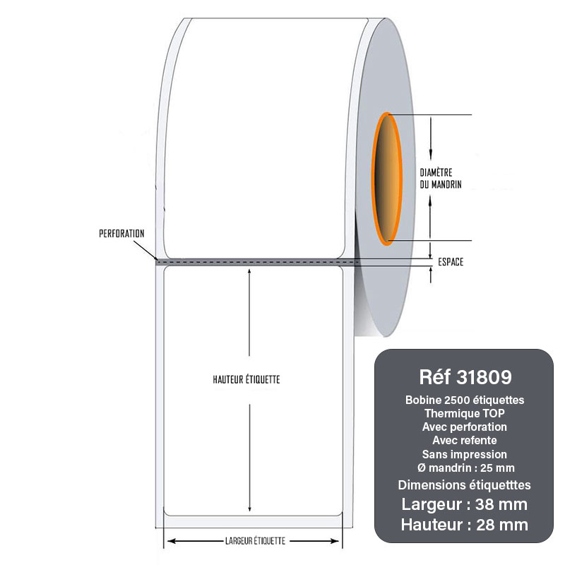 Bobine 2500 étiquettes 38x28 mm Thermique TOP