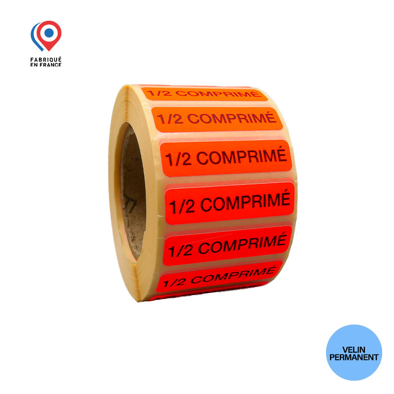 Bobine de 1000 étiquettes 40x10 mm vélin permanent 1/2 ou 1/4 comprimé