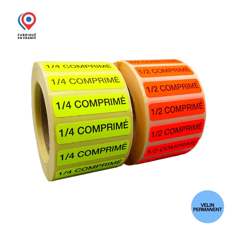 Bobine de 1000 étiquettes 40x10 mm vélin permanent 1/2 ou 1/4 comprimé