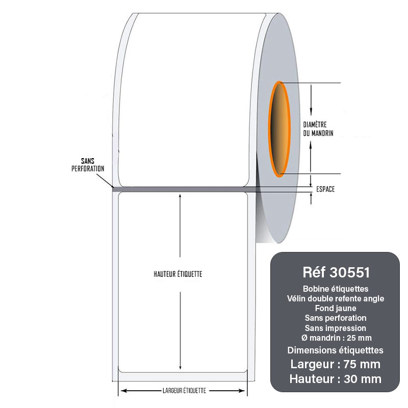 Bobine 2000 étiquettes jaunes 75x30 mm double enduction vélin permanent