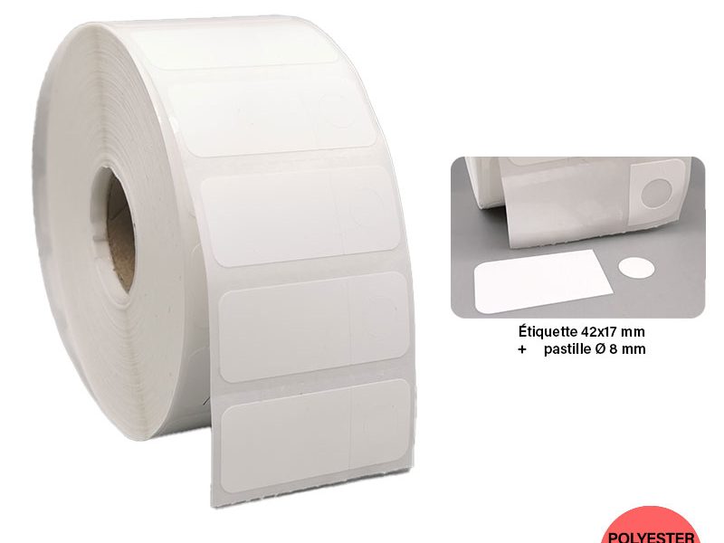 Bobine 2000 étiquettes biologie PCR 42x17 mm + pastille ronde 8 mm