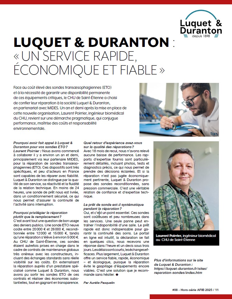 Article de l'AFIB sur la réparation de sonde Luquet et Duranton