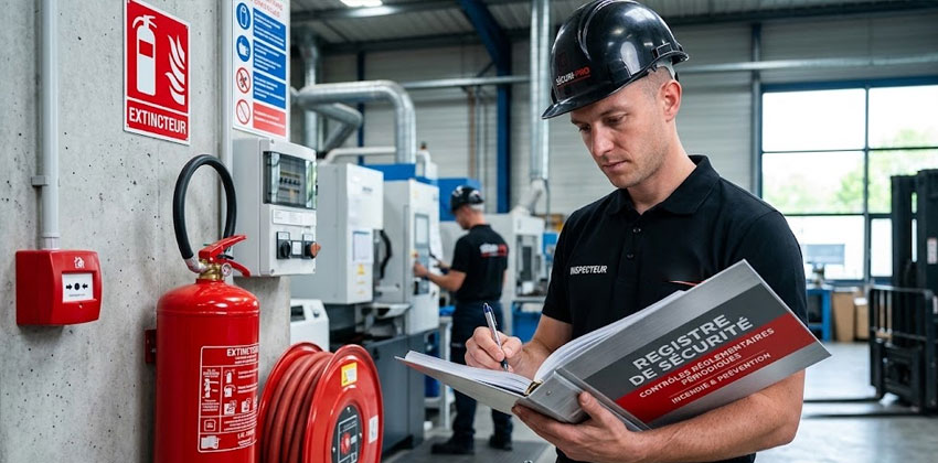registre de sécurité ERP ouvert sur un bureau, renseigné lors d'un contrôle réglementaire